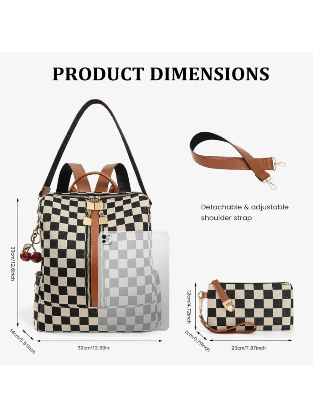 Checkered Small Backpack Purse for Women | Stylish Handbag with Cherry Pendant